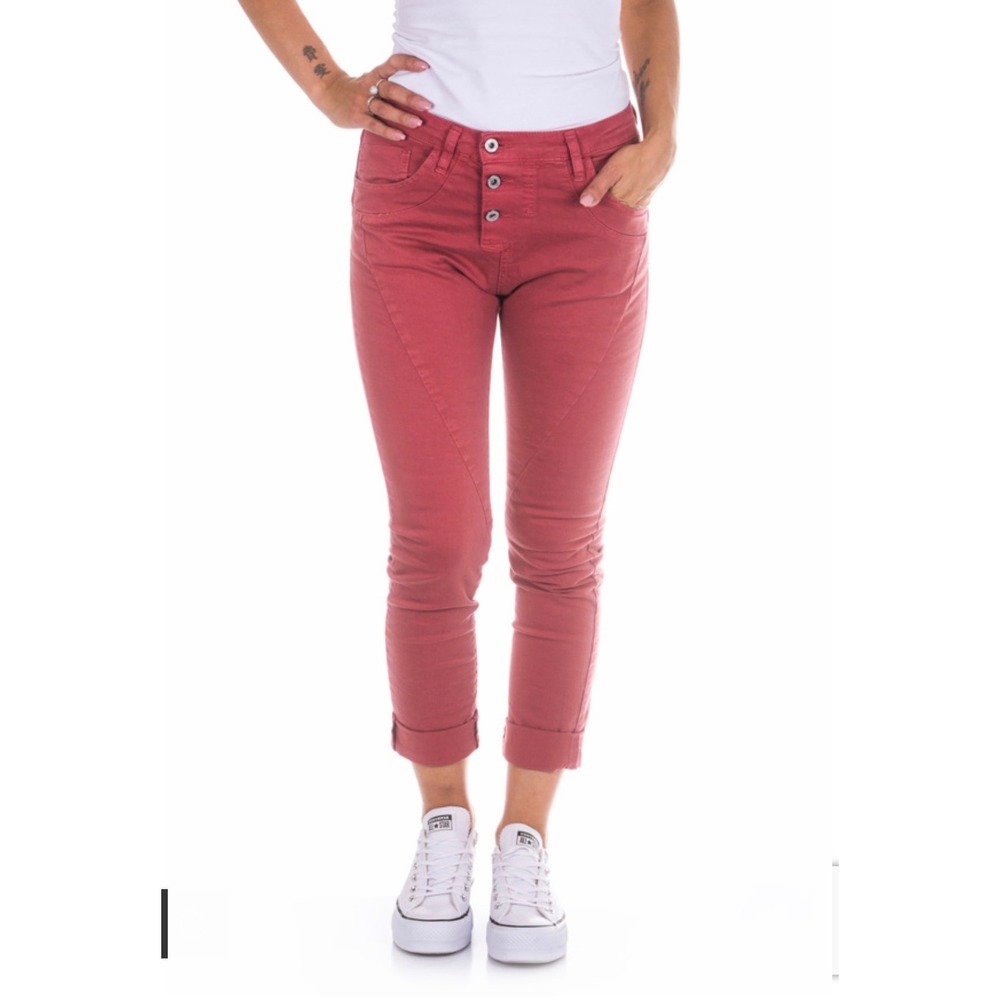 Please Italian Trousers Women Small Burgundy Slim Fit Button Fly Heart Logo P78A
